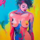 Vibrant abstract painting of stylized female figure on yellow and blue backdrop