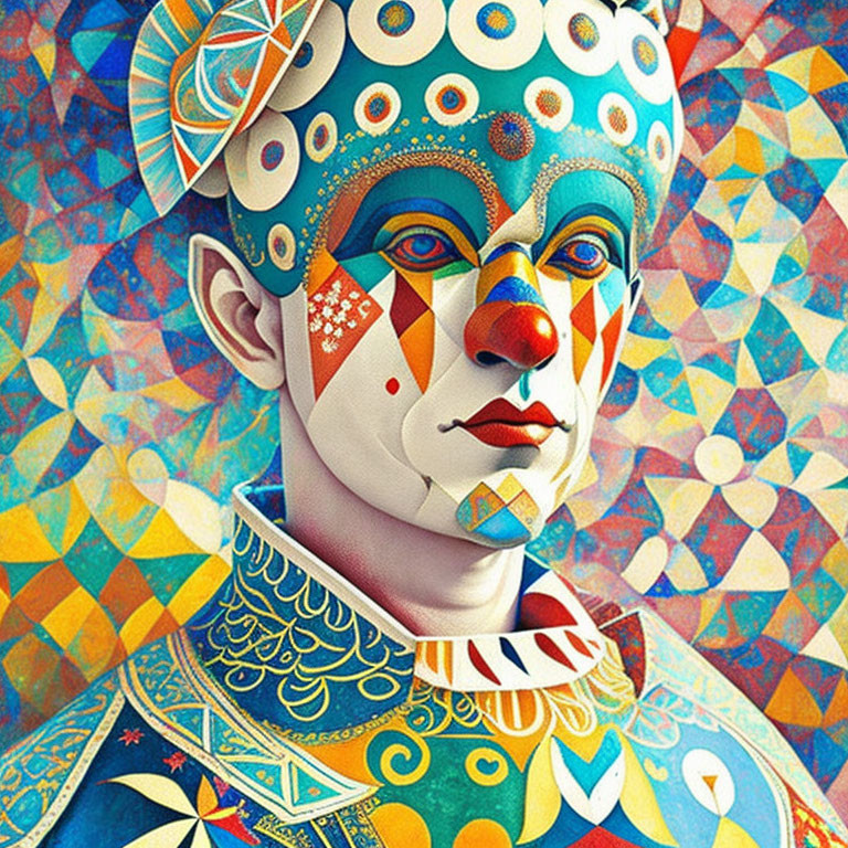 Colorful geometric design of person with harlequin face paint on mosaic background