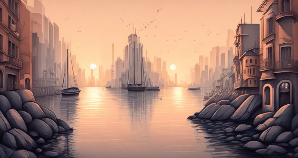 Futuristic cityscape with two suns, canal, boats, and birds