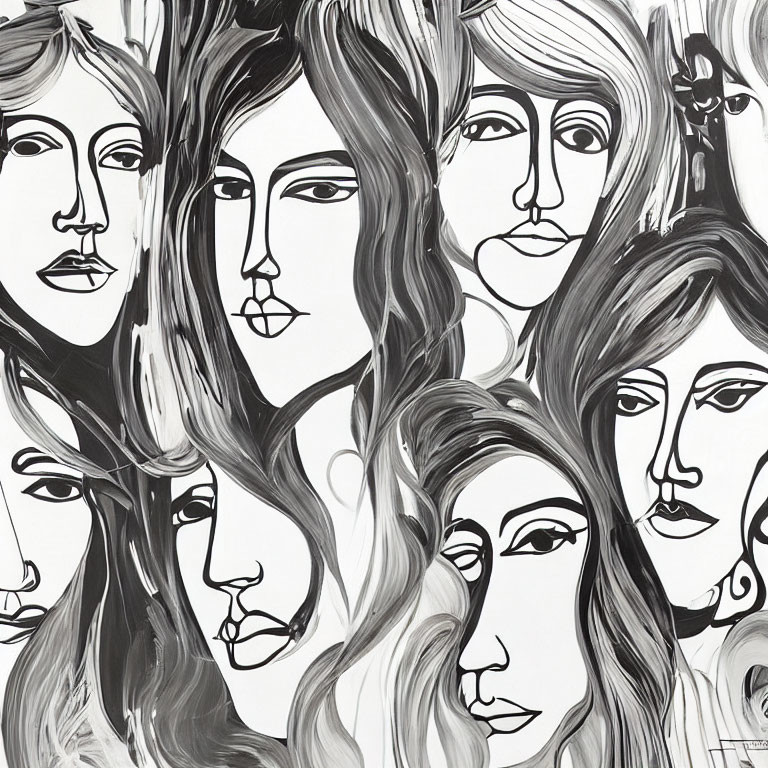 Monochrome painting of intertwined female faces with flowing hair.