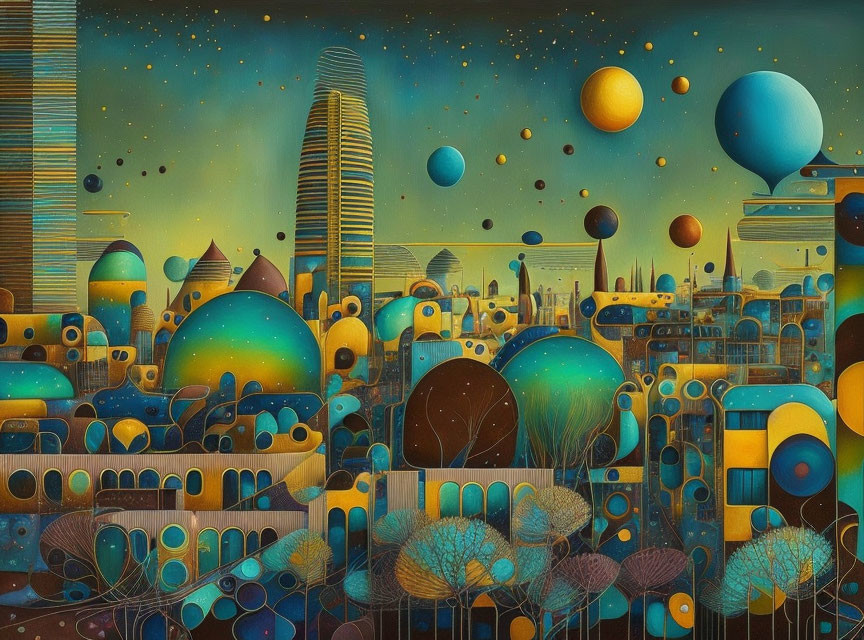 Vibrant surreal landscape of futuristic city with dome-like buildings