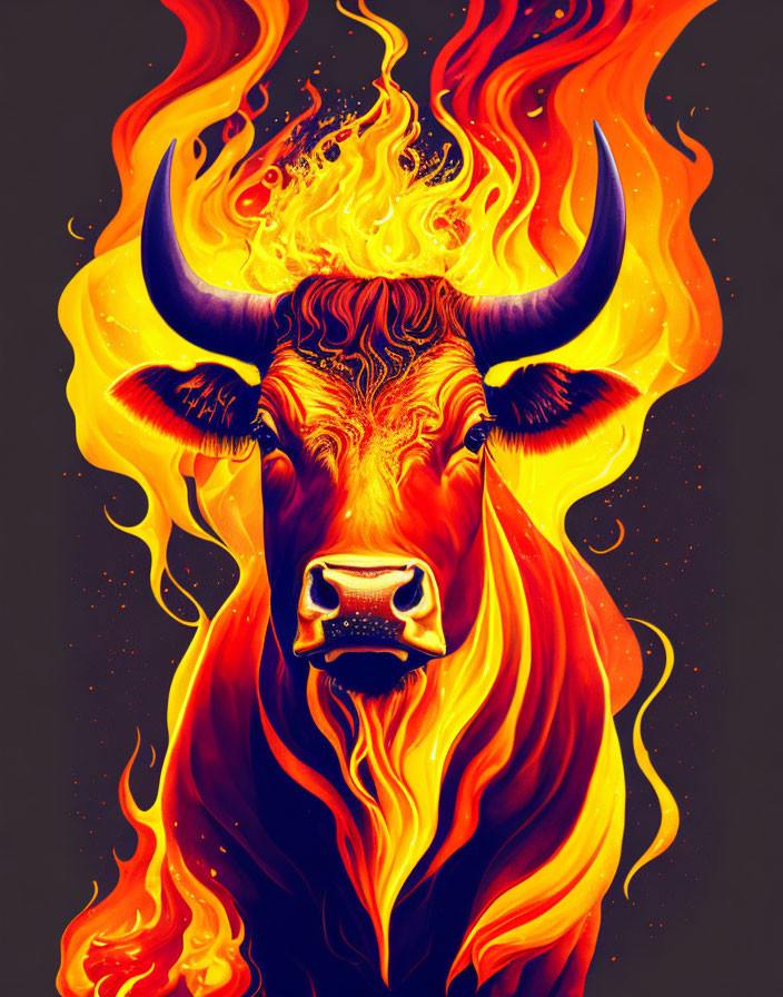 Flaming bull illustration on dark background