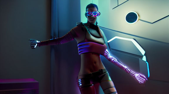 Futuristic person in purple glowing attire with glasses in neon-lit room