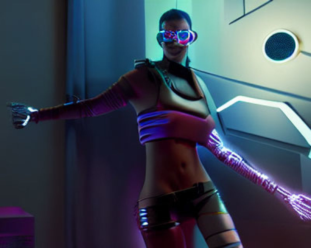 Futuristic person in purple glowing attire with glasses in neon-lit room