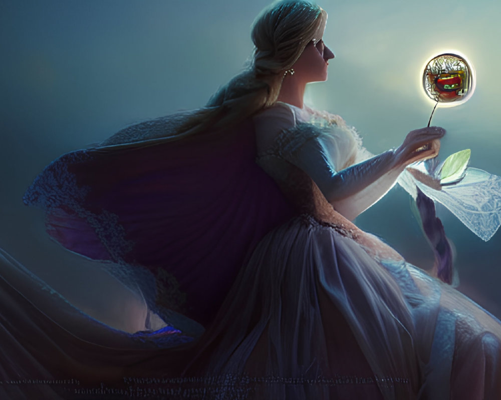 Elegant woman in gown with glowing magnifying glass in mysterious setting