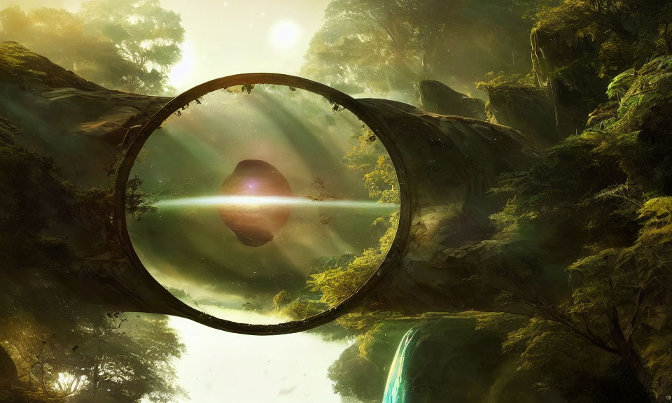 Landscape with circular portal, star, and waterfall in lush forest