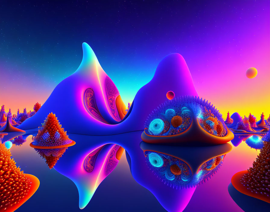 Surreal colorful shapes in twilight sky with stars