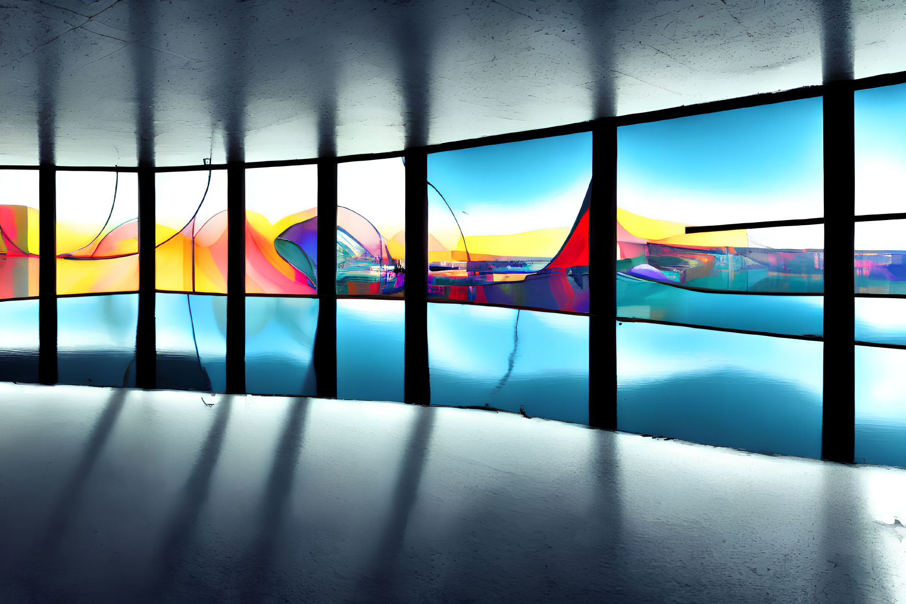 Colorful Abstract Art Installation Reflected Through Curved Glass