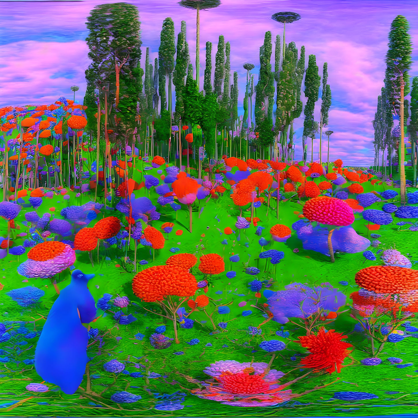 Surreal landscape with blue creature and colorful flora under pink sky