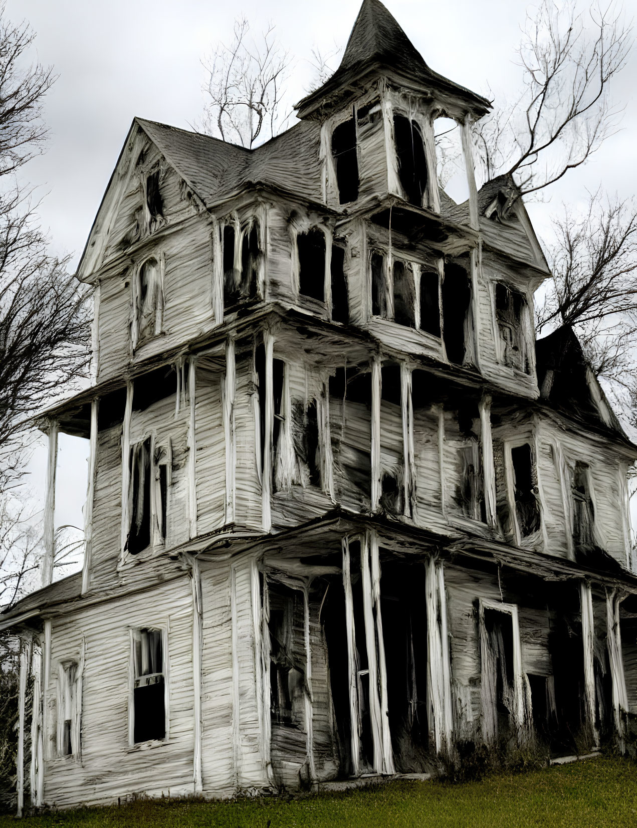 Weathered Three-Story Victorian House with Boarded-Up Windows