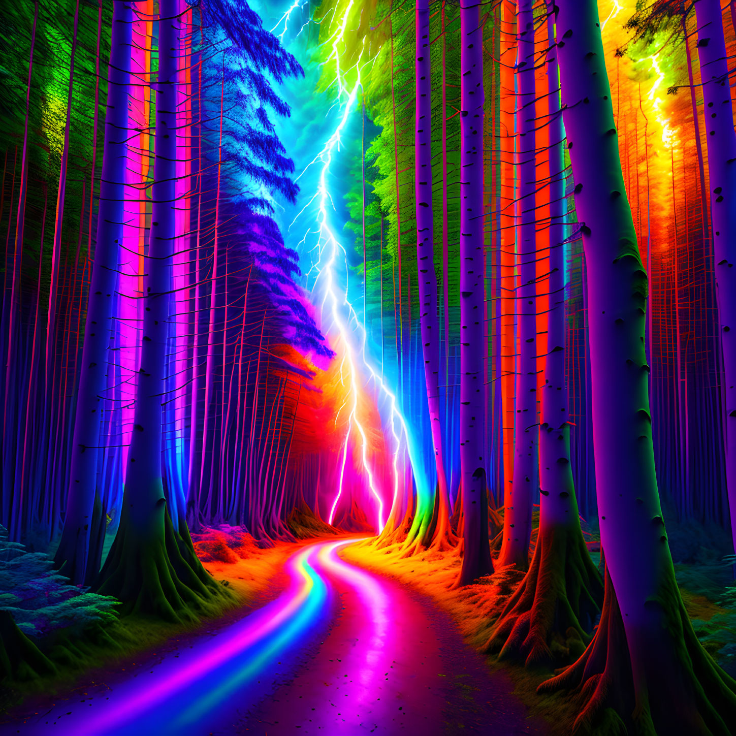 Colorful Forest with Neon Path and Lightning Bolt