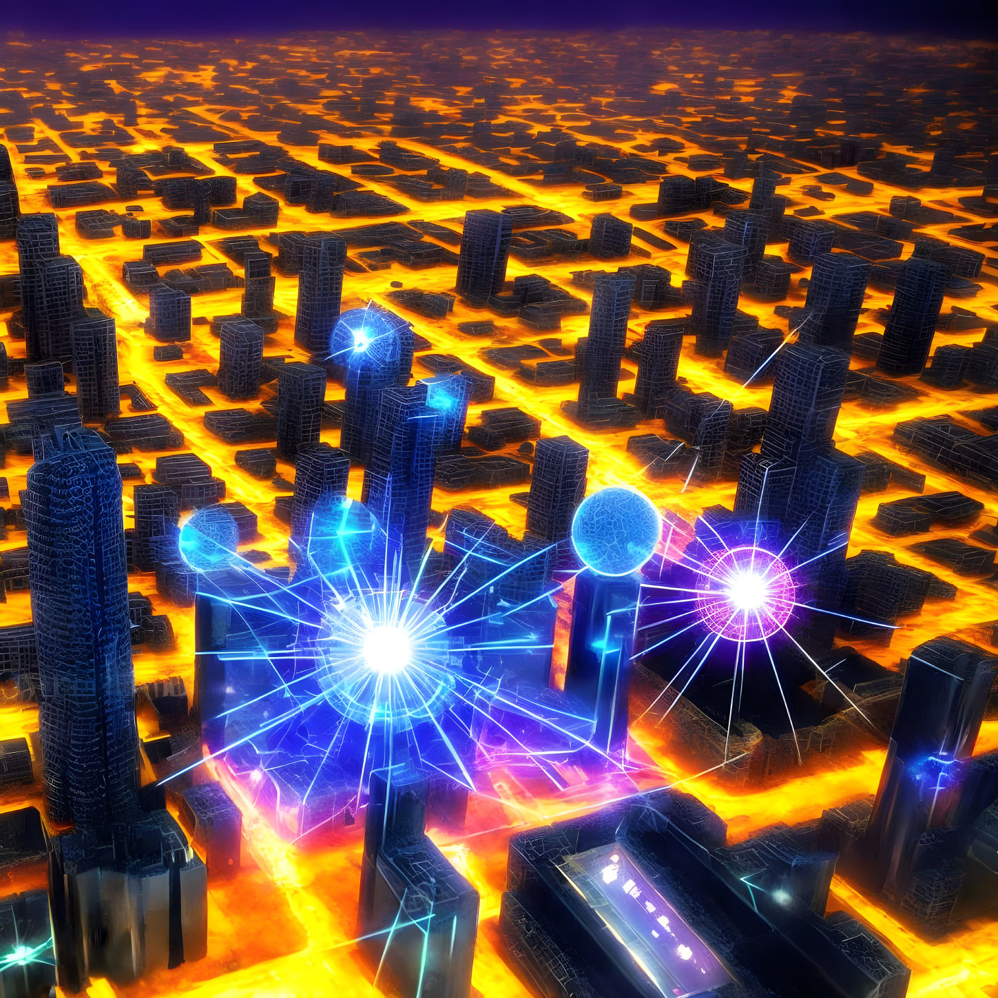 Futuristic cityscape digital artwork with glowing buildings and lava-like streams.