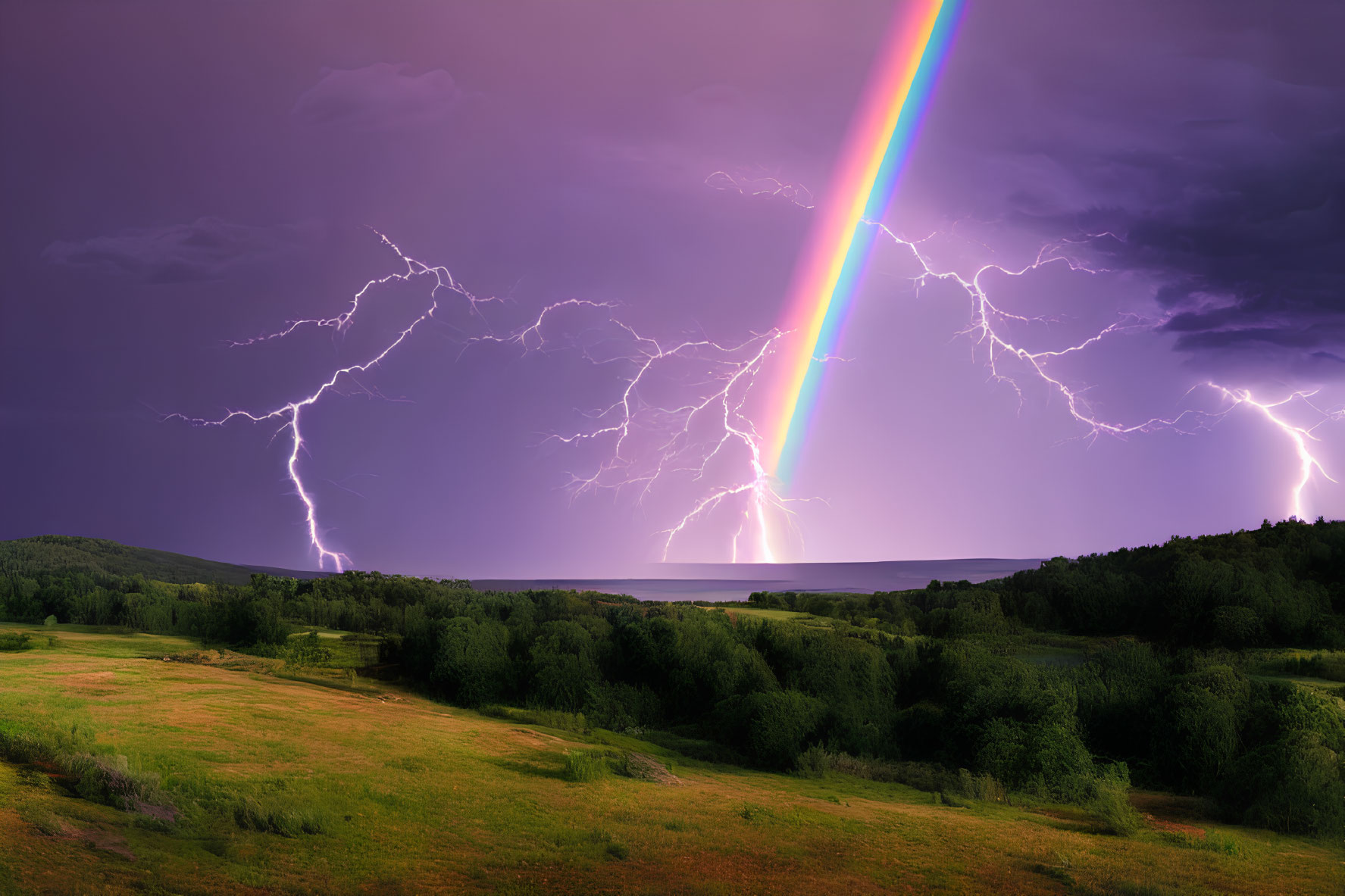 Vivid rainbow over stormy sky with lightning strikes & green landscape