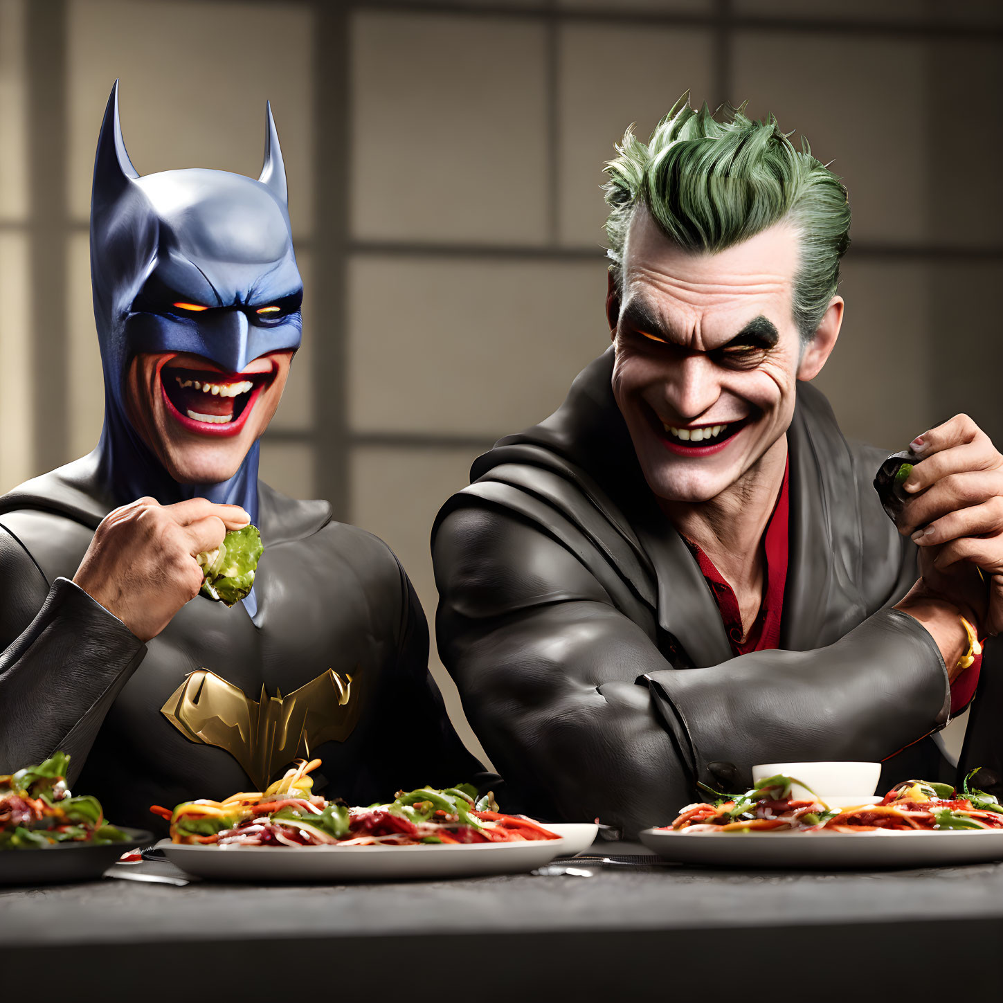 Superhero and villain dining together with tacos and smiles