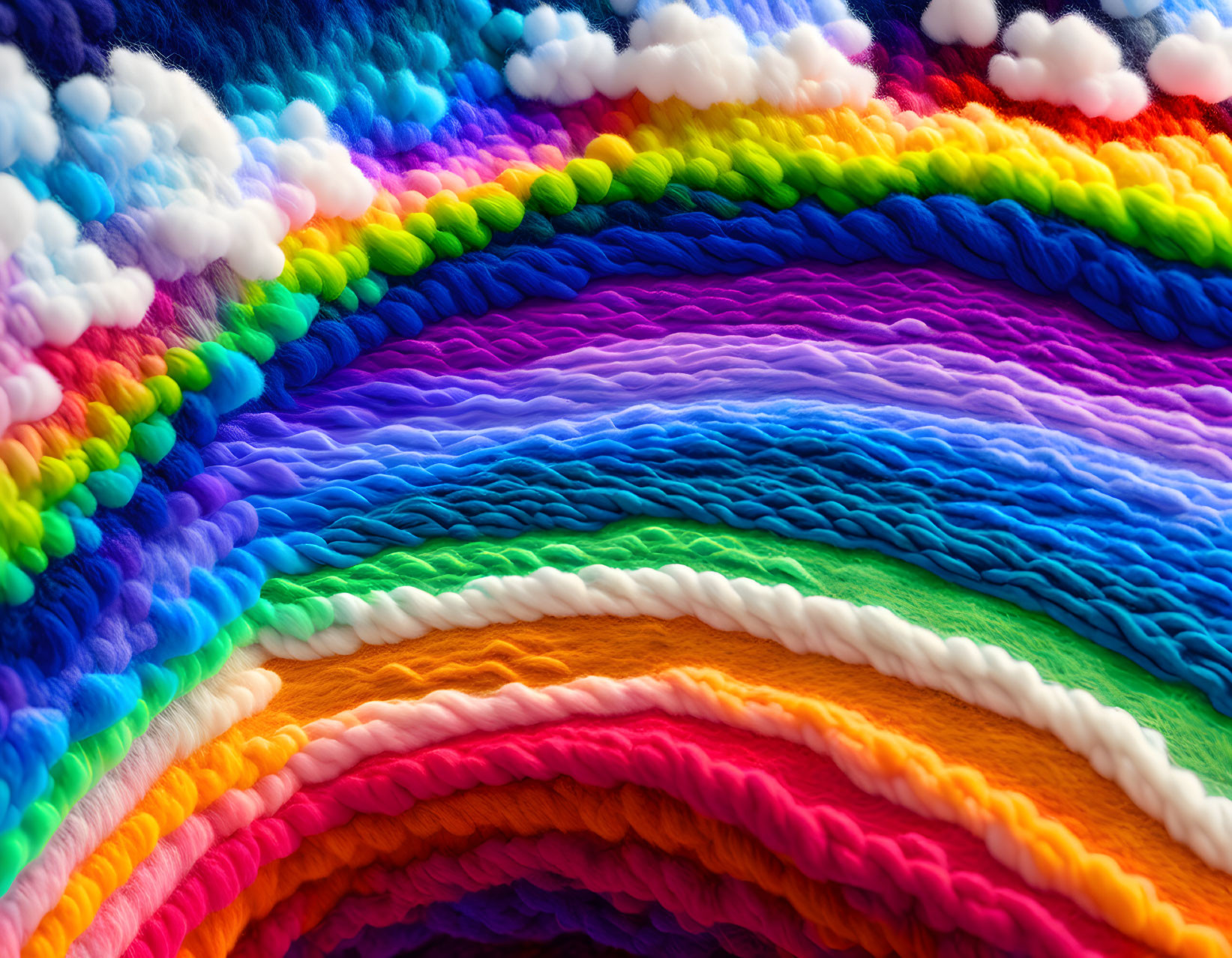 Colorful Textile Art: Layered Rainbow Stripes with Clouds on Blue