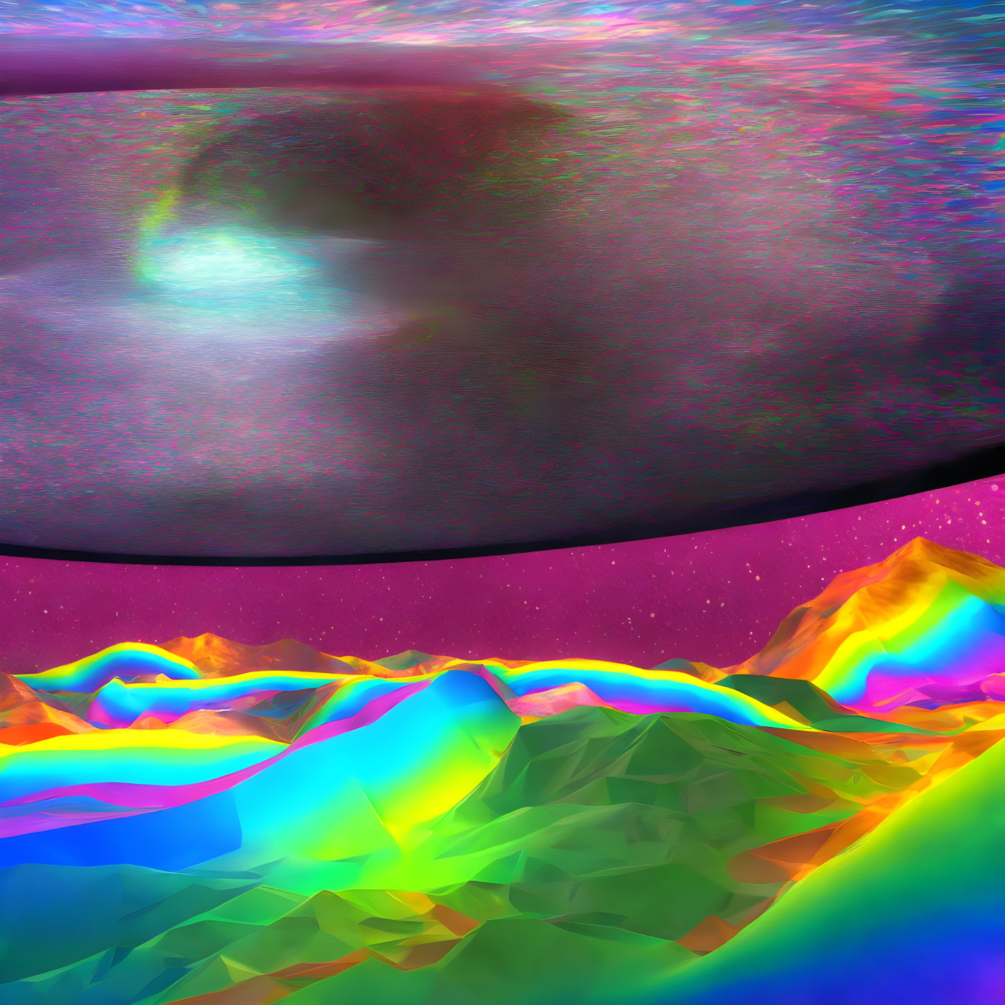 Abstract cosmic sky with iridescent mountains: A stunning visual of a fantastical alien landscape