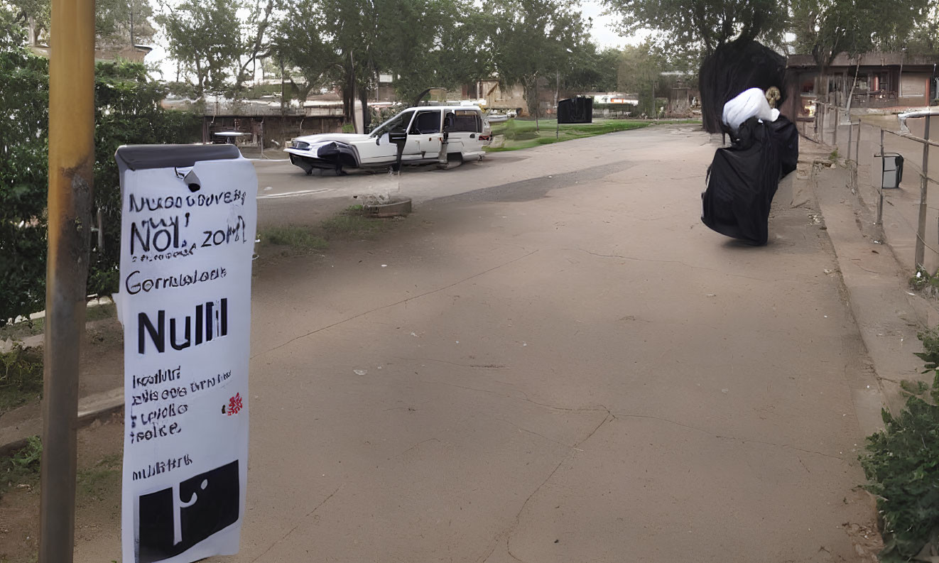 Pedestrian with large bag walks past signpost and parked car on sidewalk.