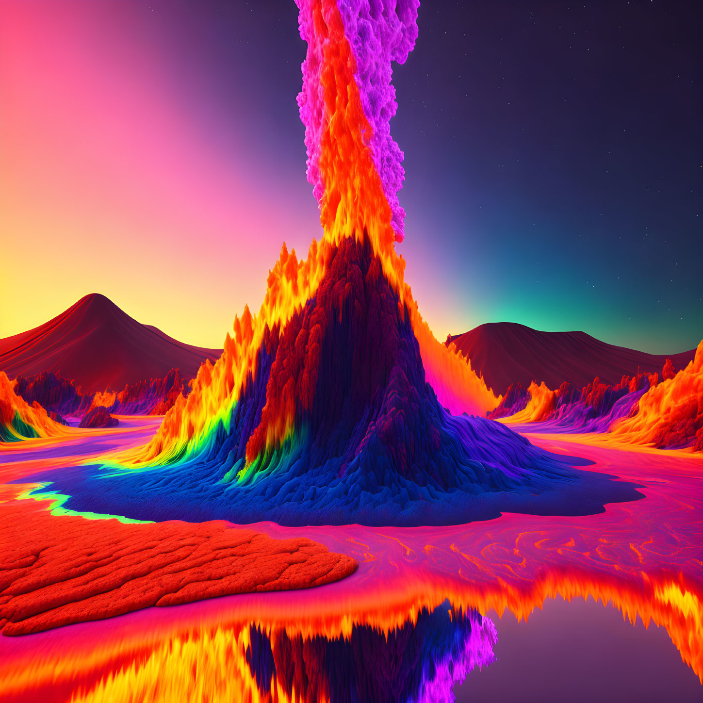 Vibrant digital artwork: erupting volcano with neon lava flows, serene water reflection, purple &