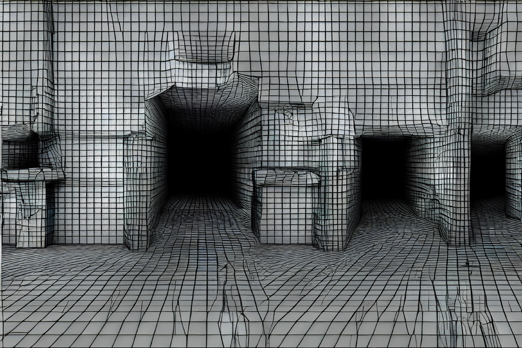 Wireframe 3D Room Model with Chair, Desk, and Blocky Objects