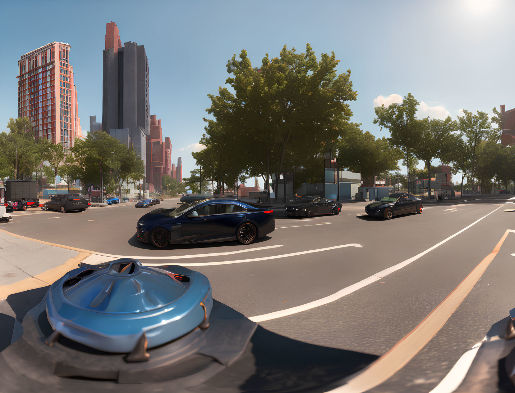 Sunny urban street with cars, trees, tall buildings under clear blue sky