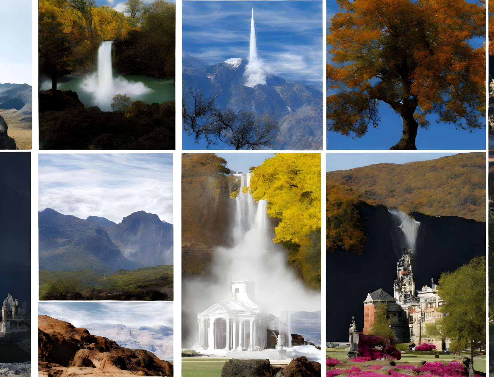 Scenic Collage Featuring Waterfalls, Mountains, Autumn Trees, Historic Buildings, and Flowers