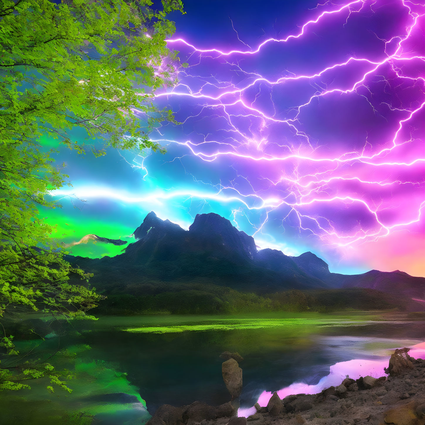 Scenic landscape with mountain, lake, aurora, and lightning