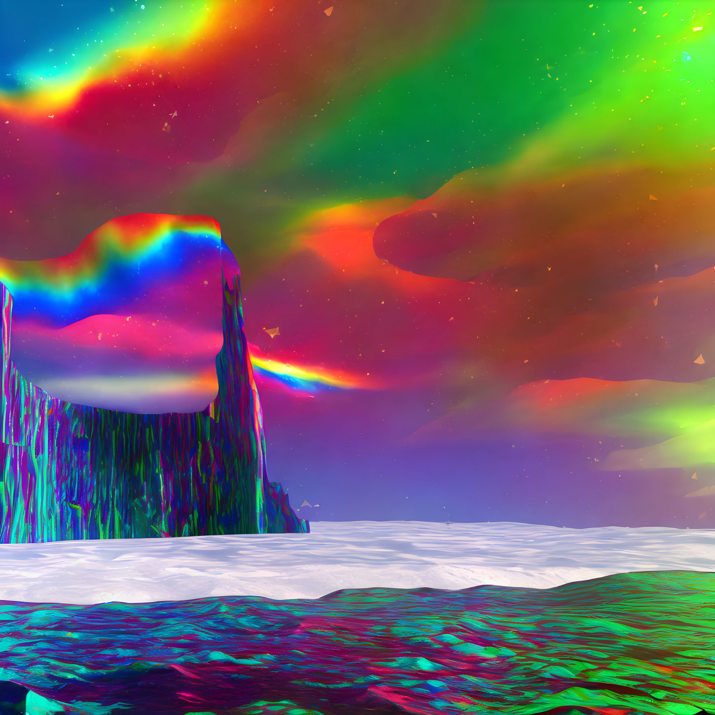 Surreal landscape with vibrant auroras and glossy, multicolored ground