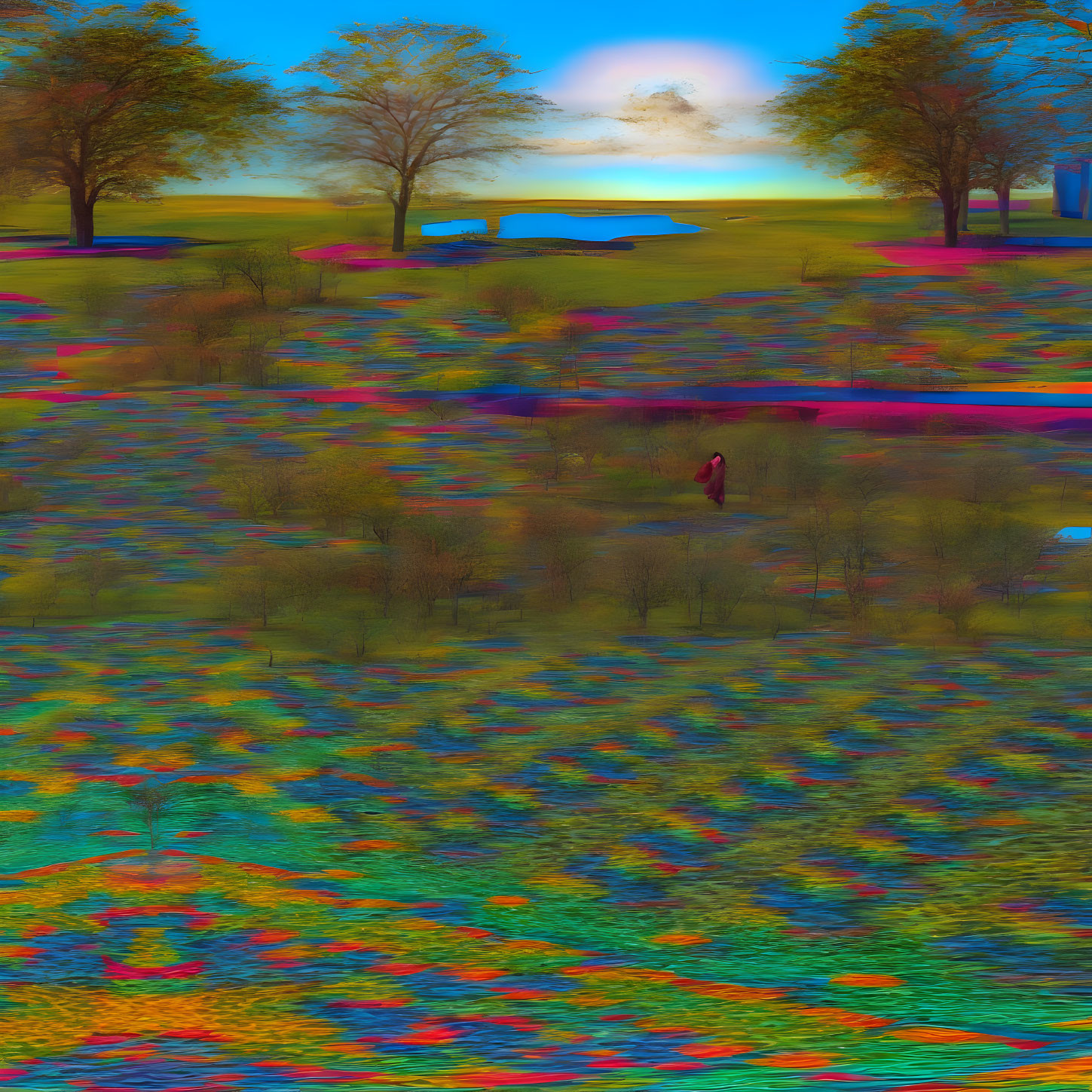 Digitally altered park image with distorted colors, trees, lake, and person walking