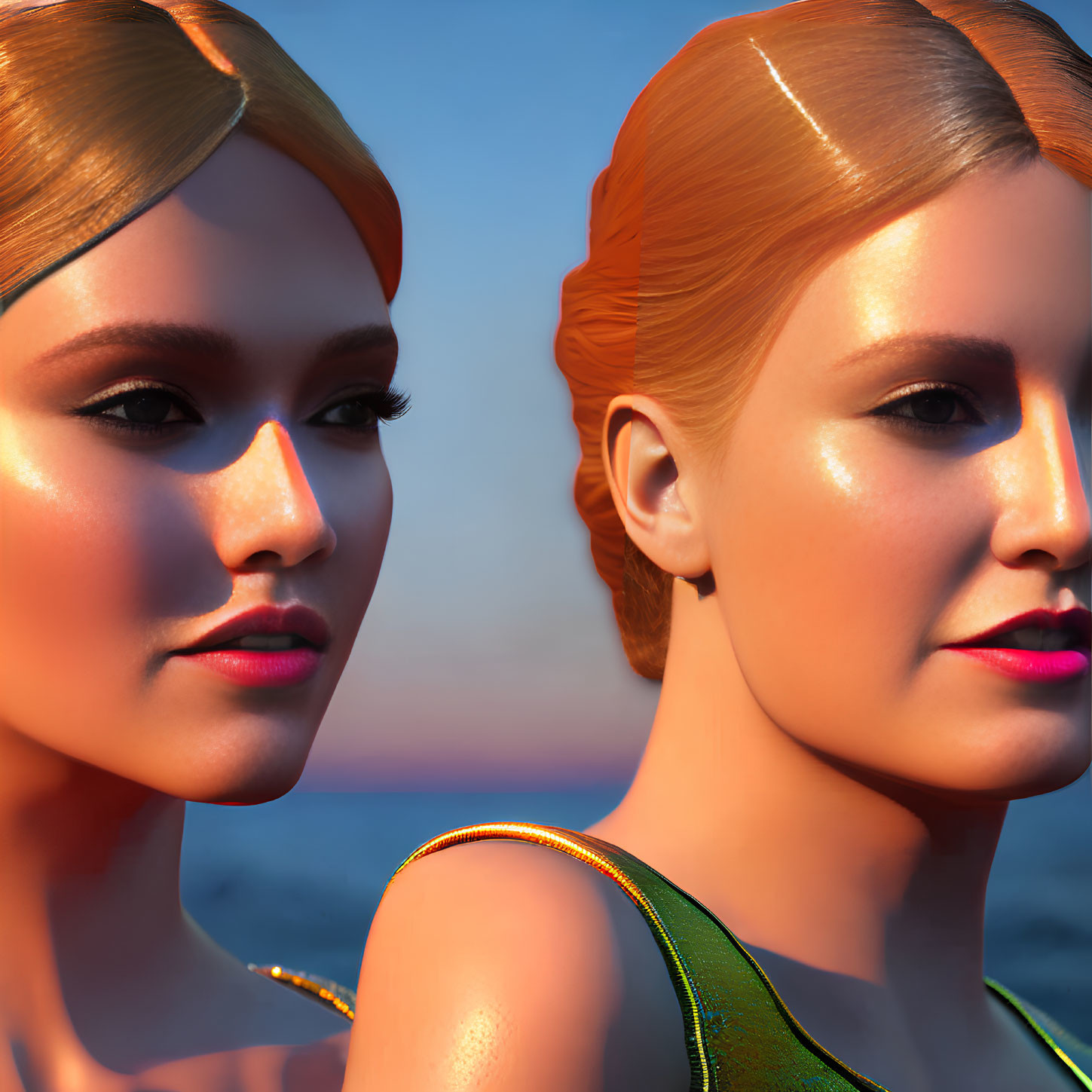 Golden-haired women with makeup in opposite directions under a sunset sky.