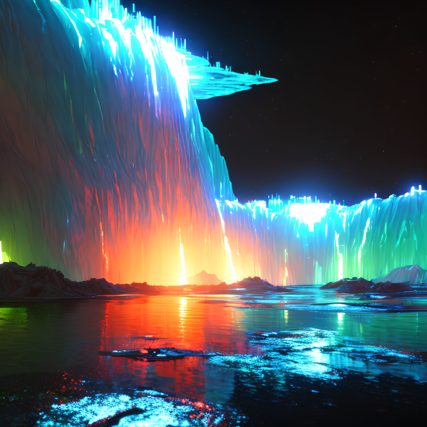 Colorful digital art: Luminous waterfall under night sky