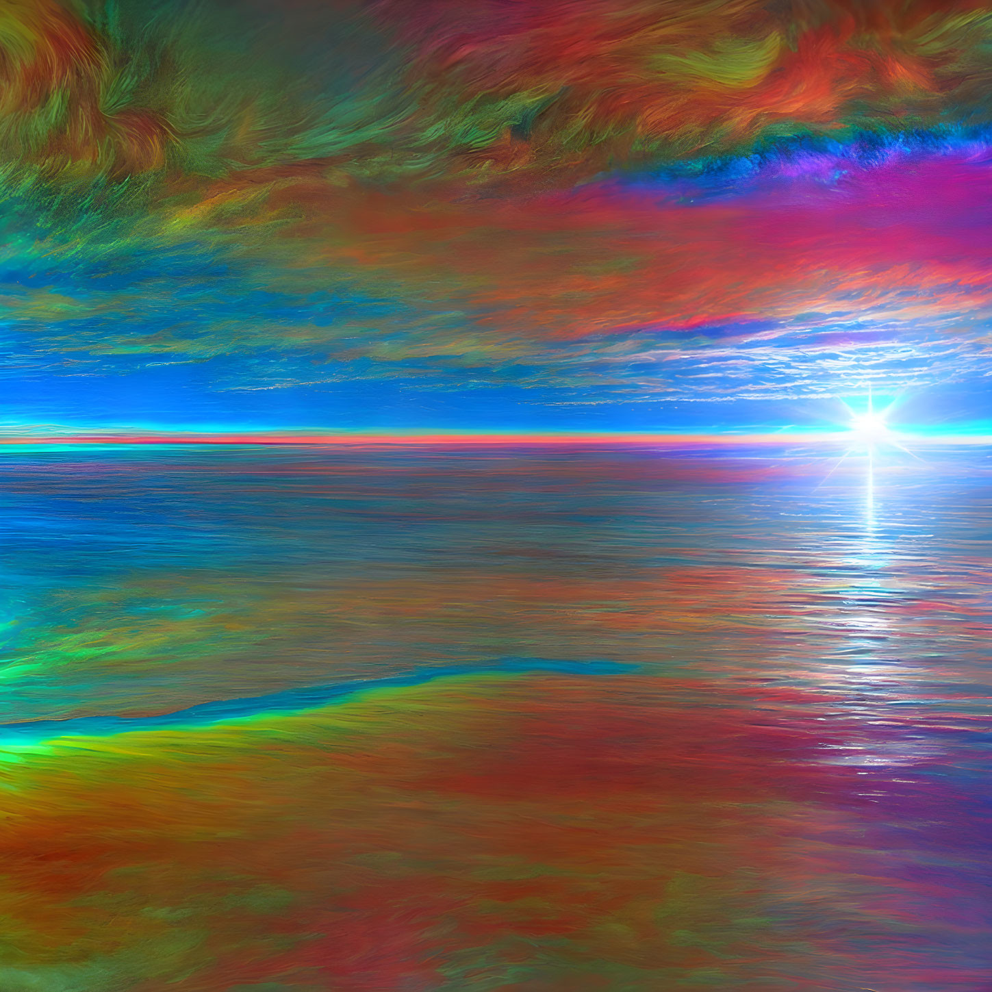 Vibrant surreal seascape with colorful sun and abstract sky reflections