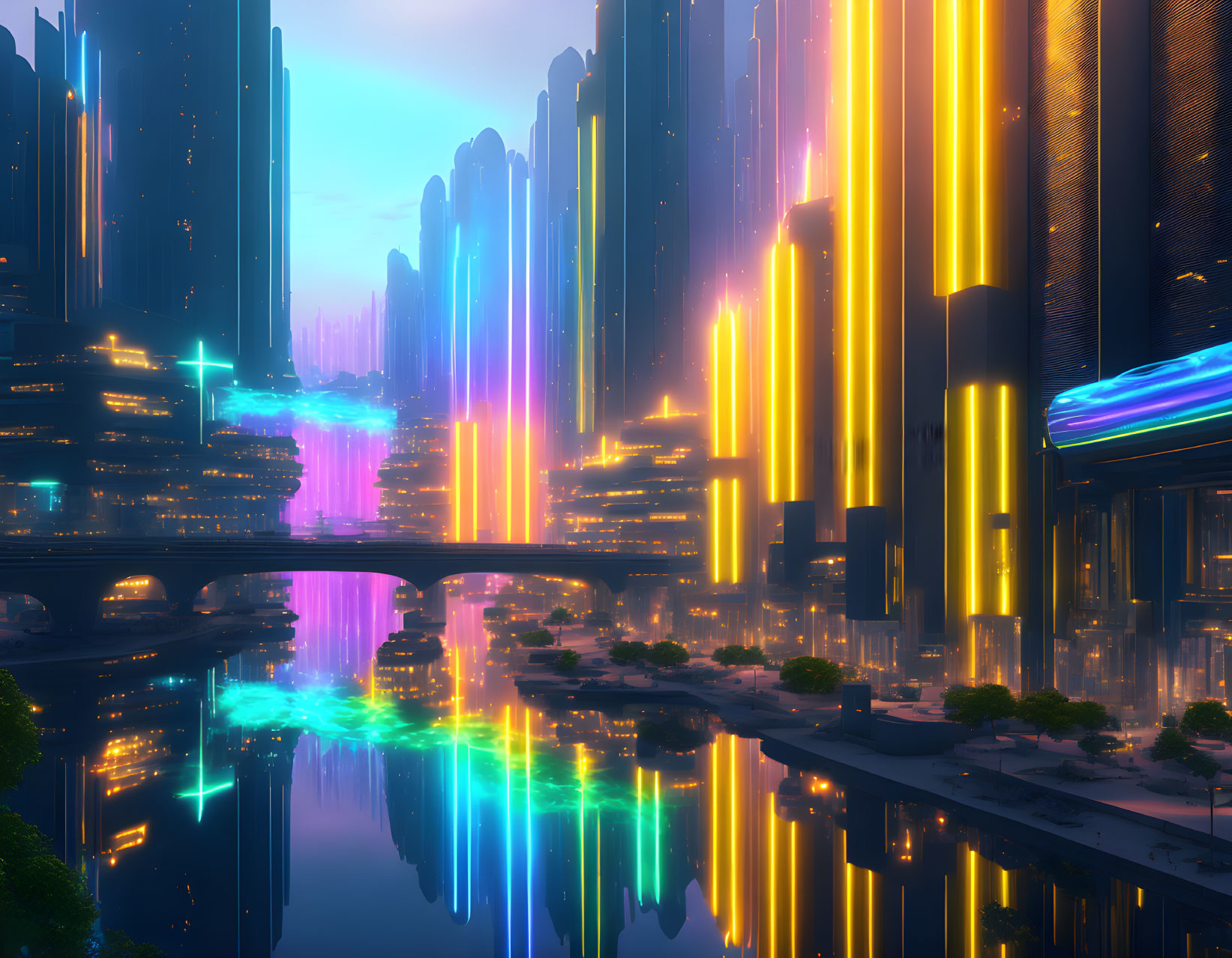 Neon-lit skyscrapers in futuristic cityscape at twilight