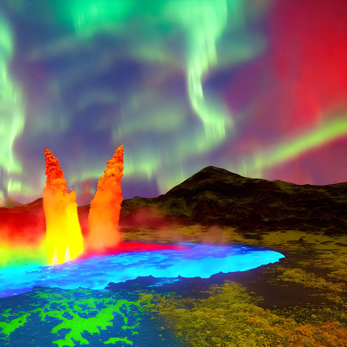 Colorful Hot Springs and Geysers Under Vibrant Aurora Sky