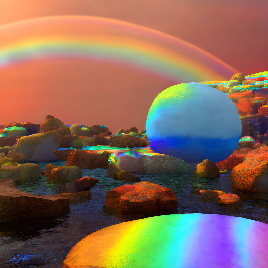 Colorful Rocks, Double Rainbow, Iridescent Sphere in Surreal Landscape