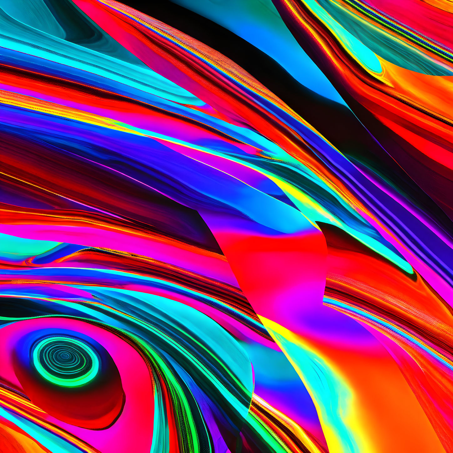 Colorful digital abstract with swirling red, blue, and neon green patterns