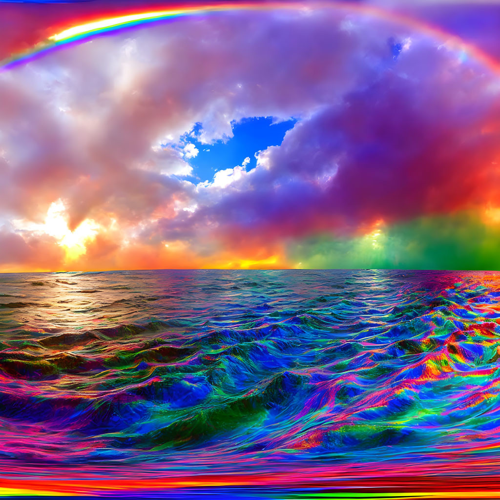 Surreal seascape with vibrant rainbow colors and heart-shaped cloud opening