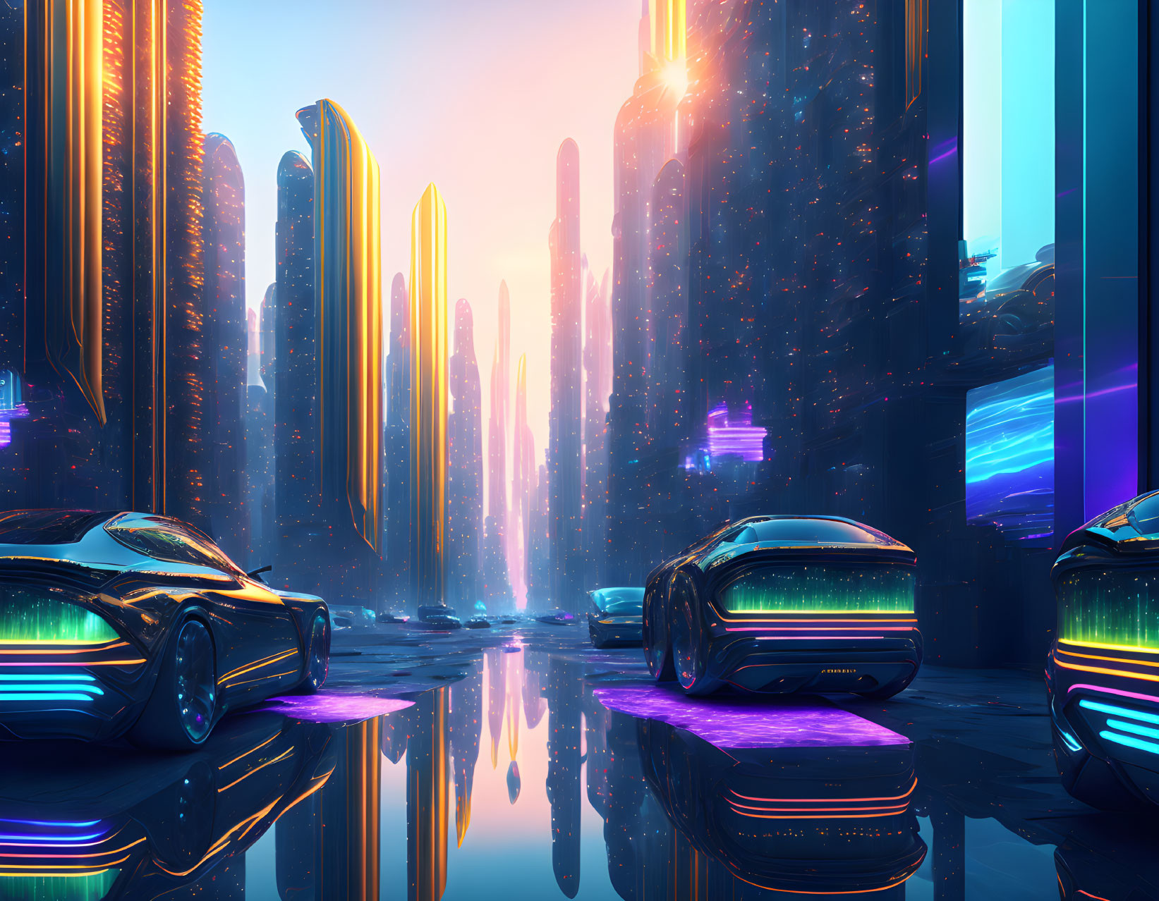 Neon-lit futuristic cityscape at sunset