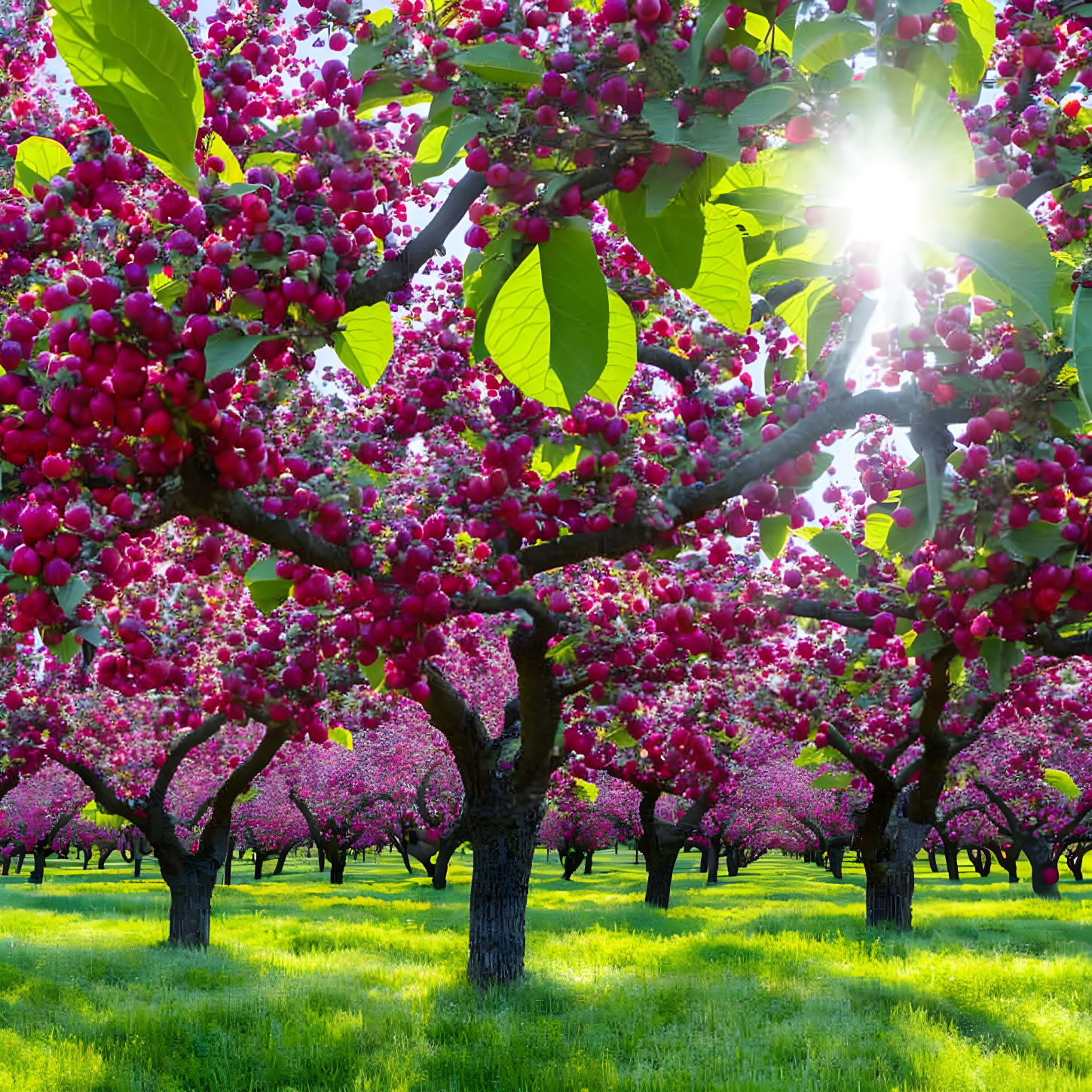 Vibrant pink orchard with lush green grass in serene spring scene