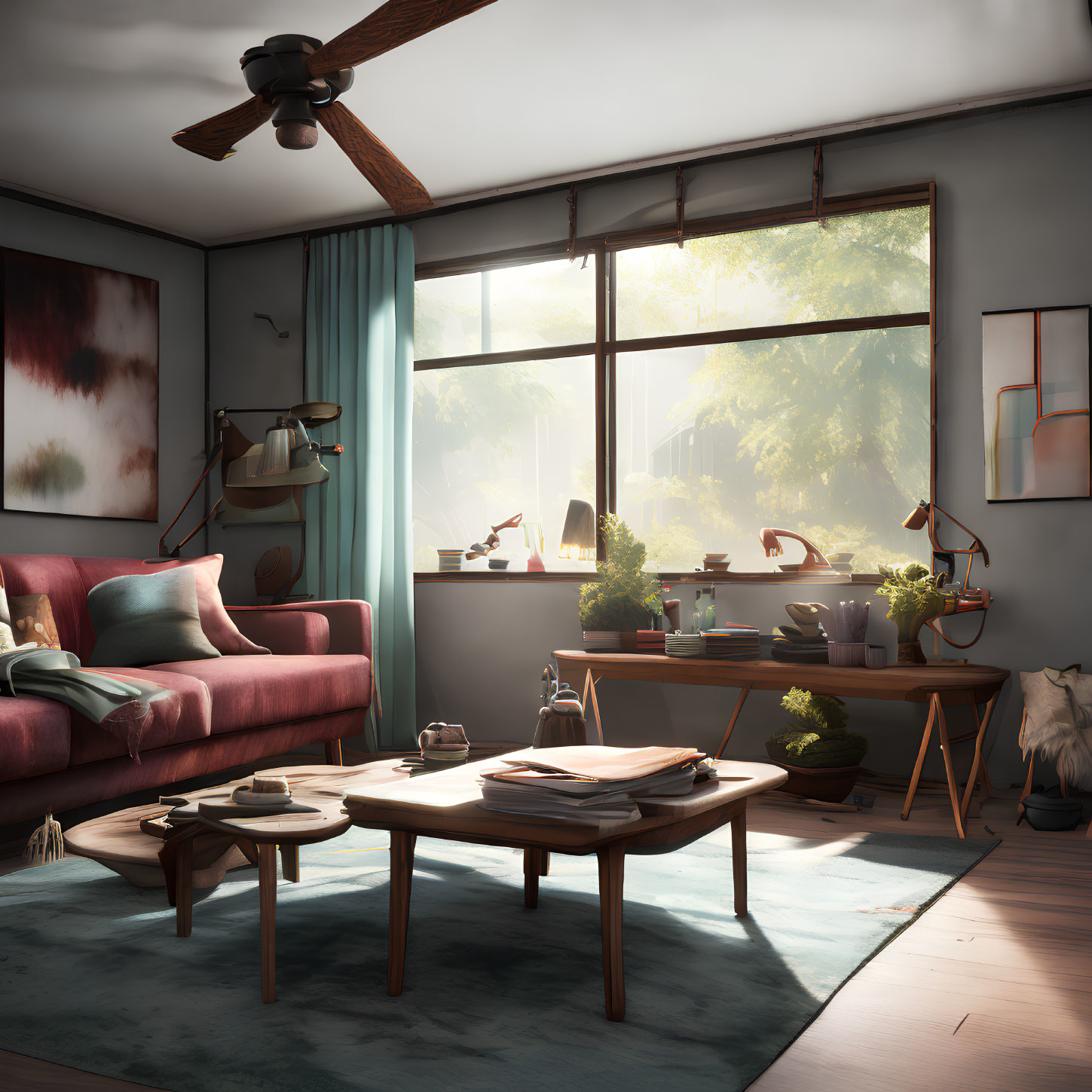 Daytime cozy living room with red sofa, wooden table, books, plants, and sunlight.