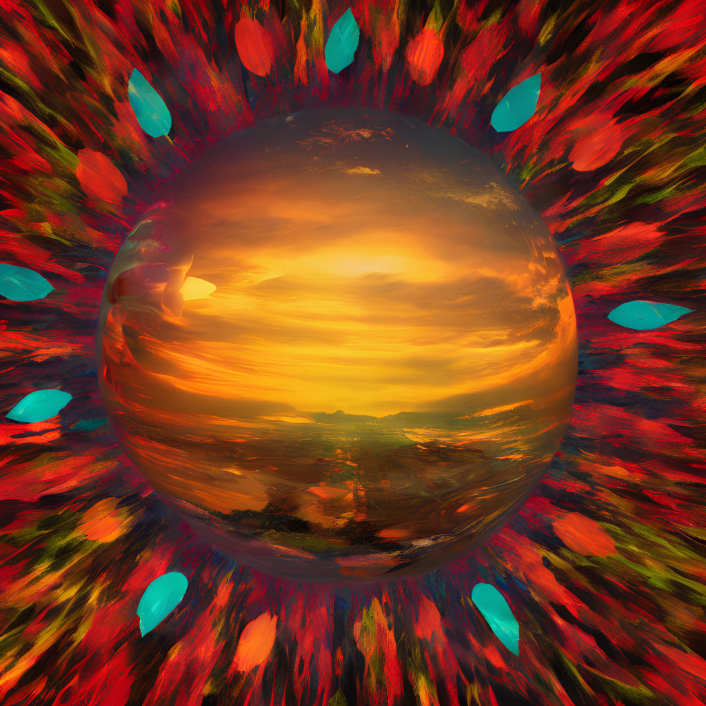 Circular Frame with Fiery Red and Cool Blue Teardrop Shapes Surrounding Surreal Sunset Landscape