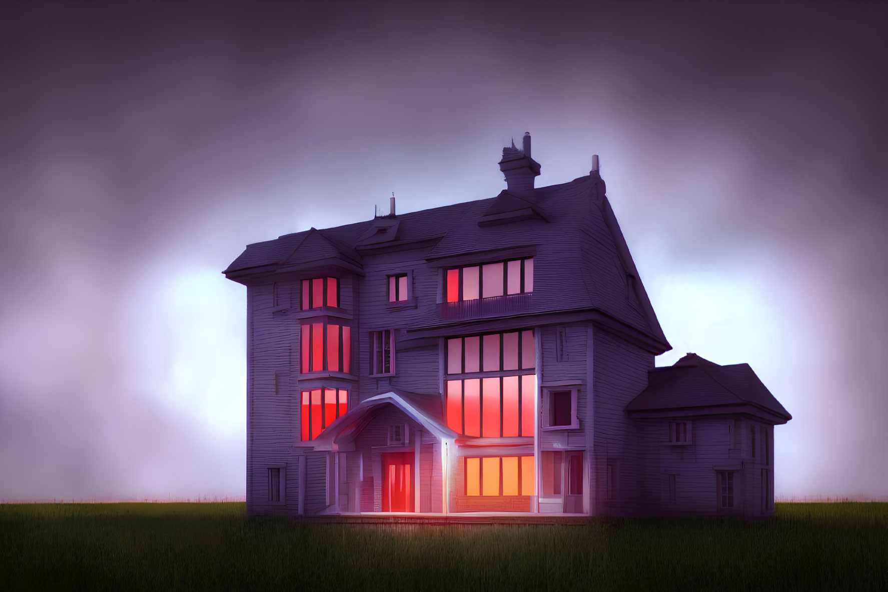 Spooky gray house with red windows in misty twilight