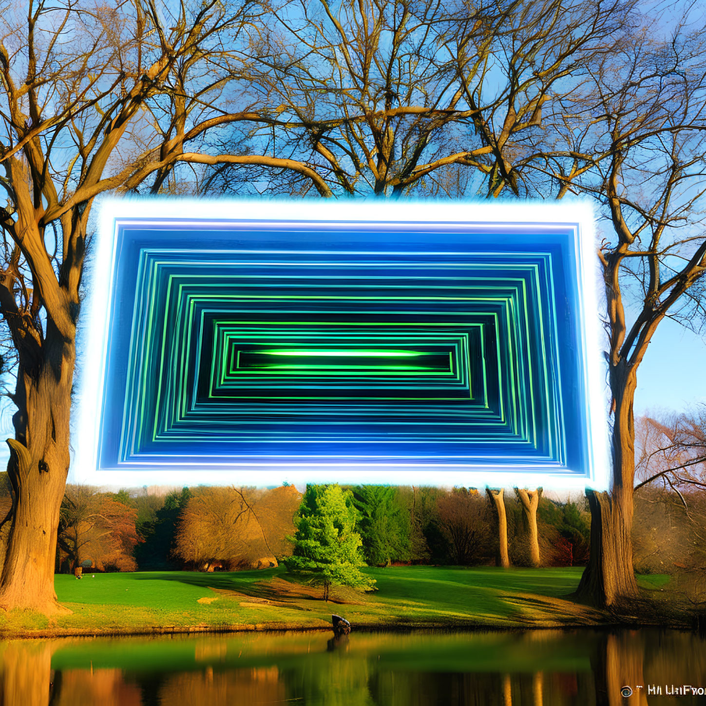 Surreal glowing rectangular frames in infinite tunnel illusion in vibrant park setting