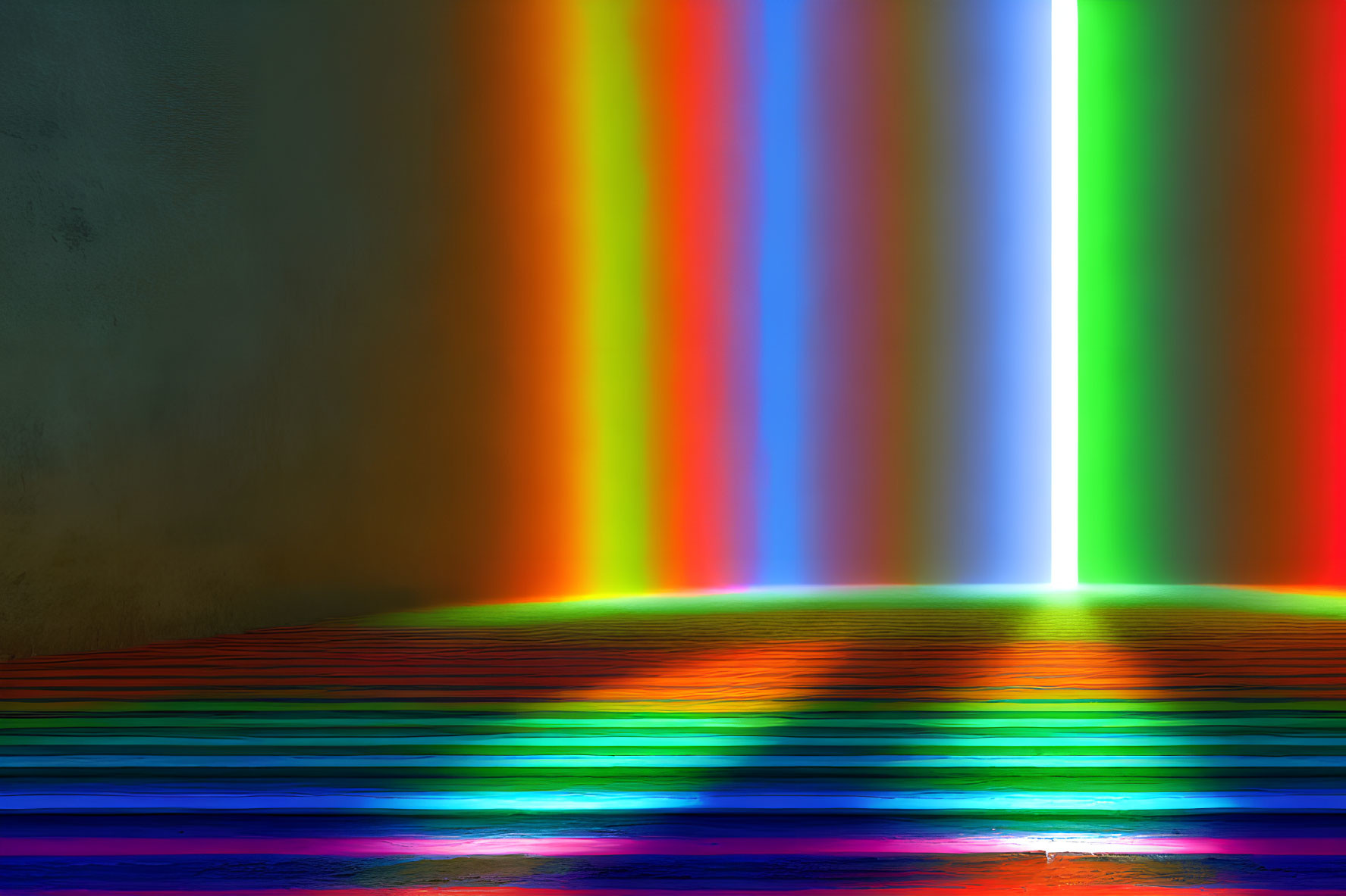 Colorful Rainbow Light Beams in Dark Room with Striped Reflections