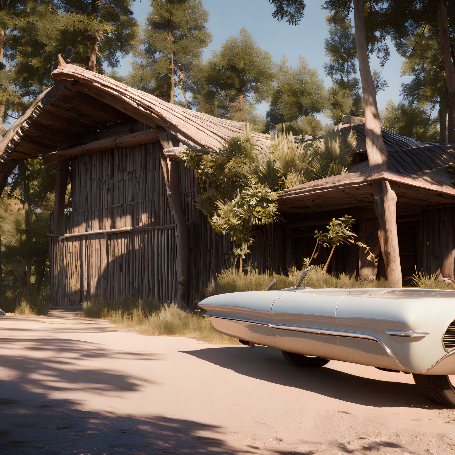 Silver futuristic vehicle parked by wooden cabin in forest clearing