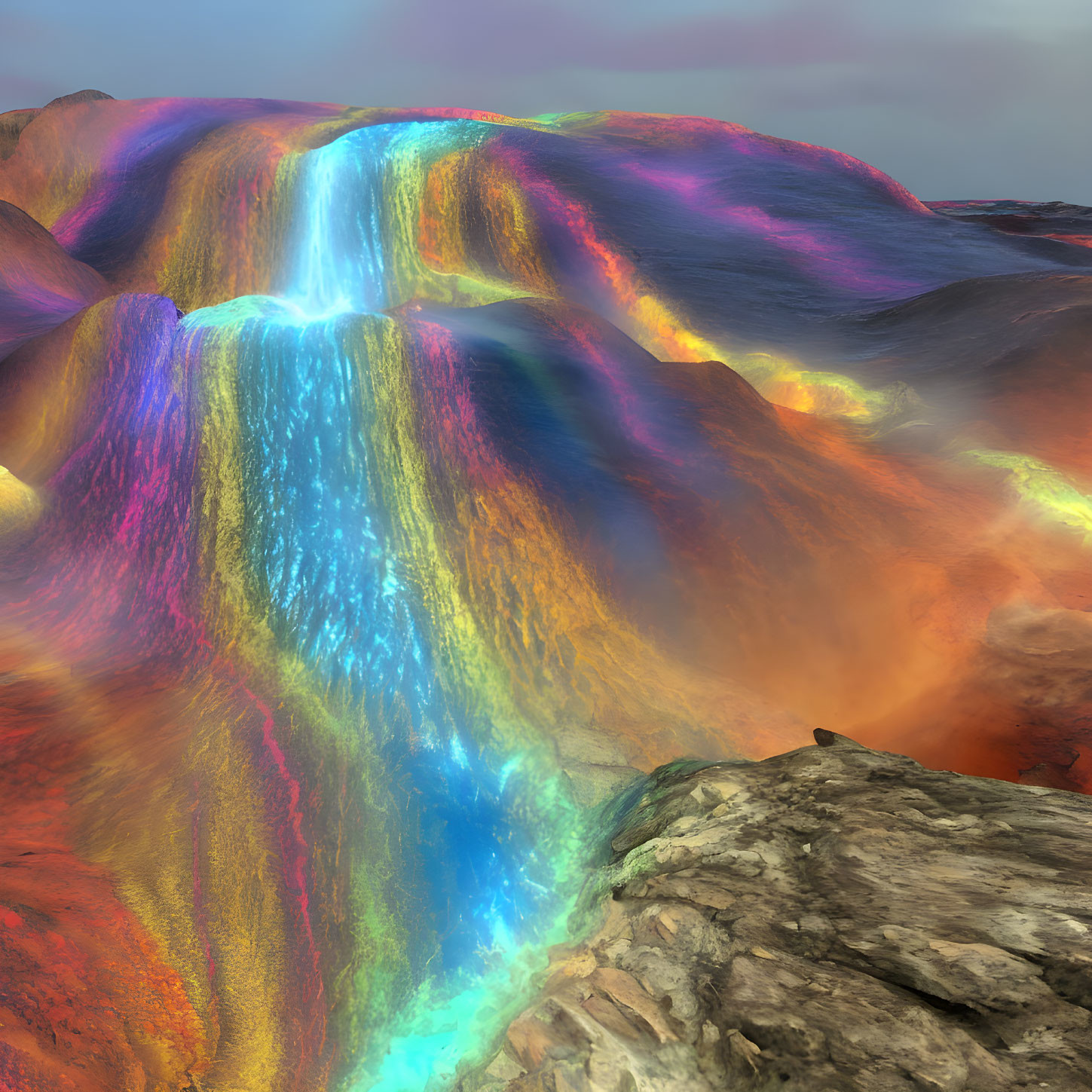 Colorful digital art: Multi-colored waterfall on rocky terrain under soft sky