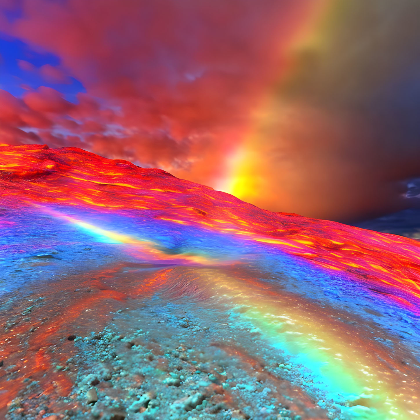 Colorful surreal landscape with rainbow spectrum over molten surface and red-tinted sky