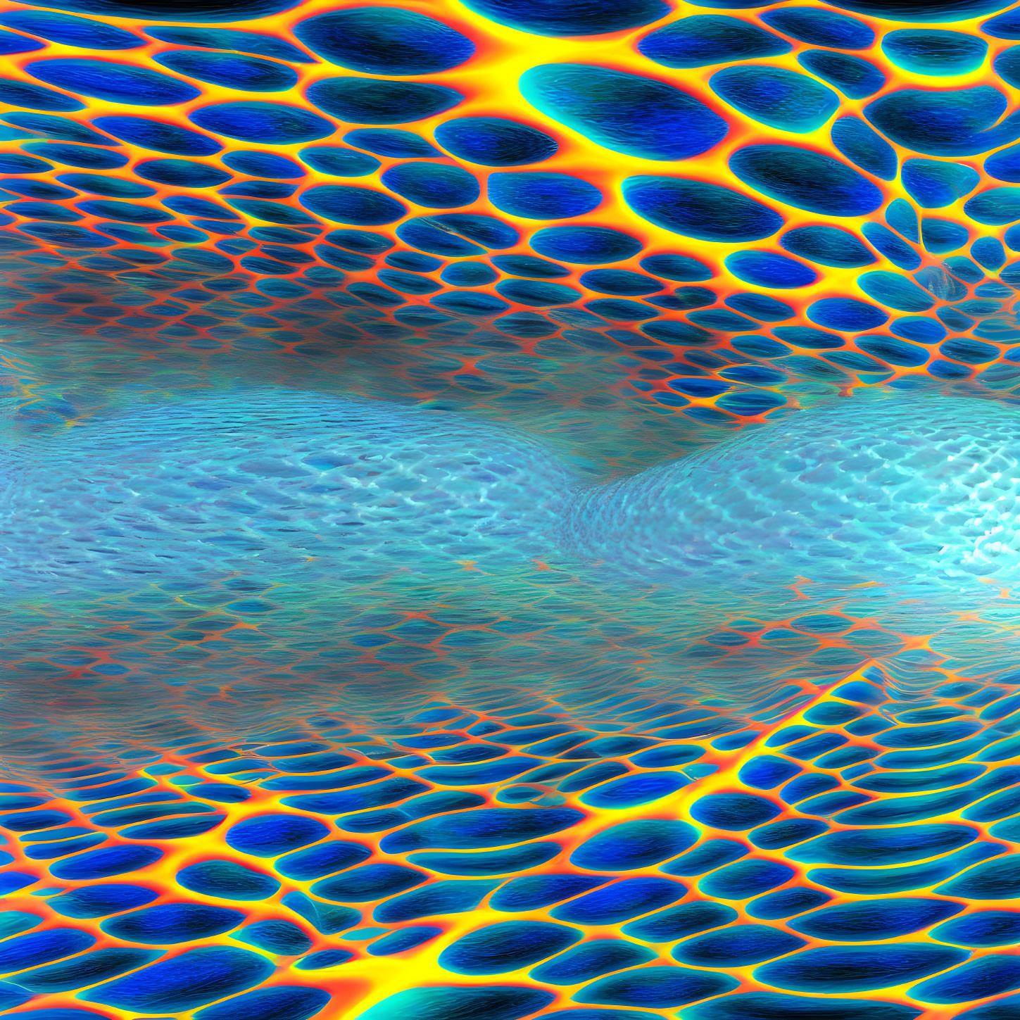 Metallic Abstract Wavy Pattern with Blue, Orange, and Yellow Spots