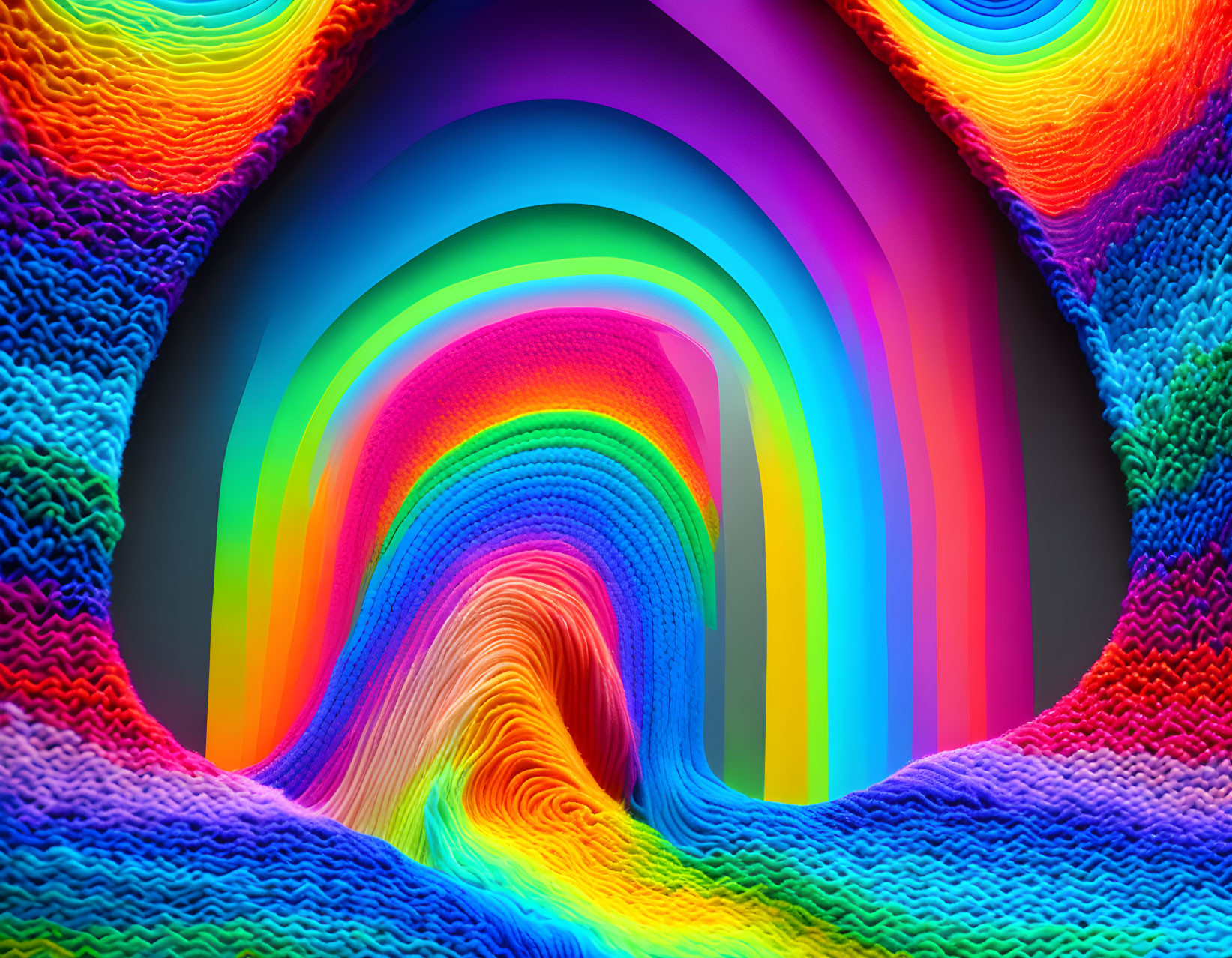 Multicolored digital artwork with wave-like bands in a 3D tunnel.