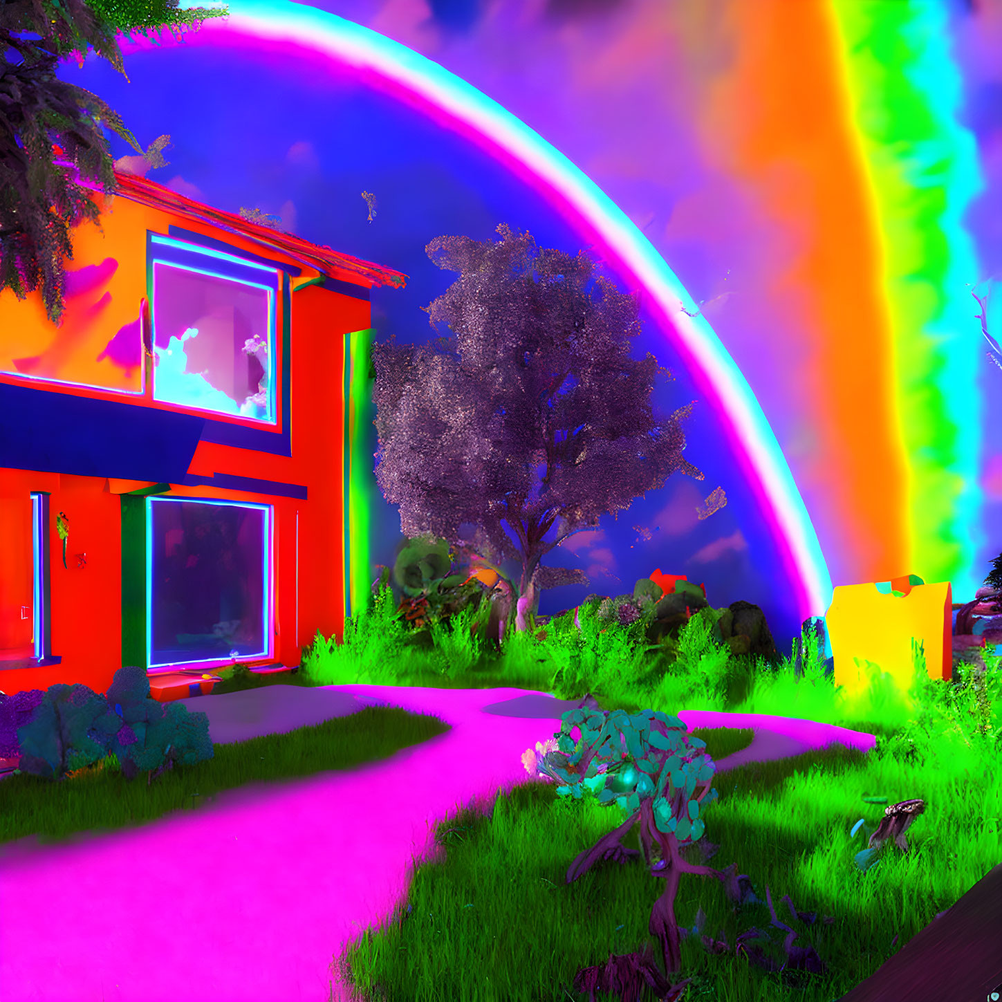 Colorful Landscape with Rainbow, Glowing Tree, Ultraviolet Path, Neon House