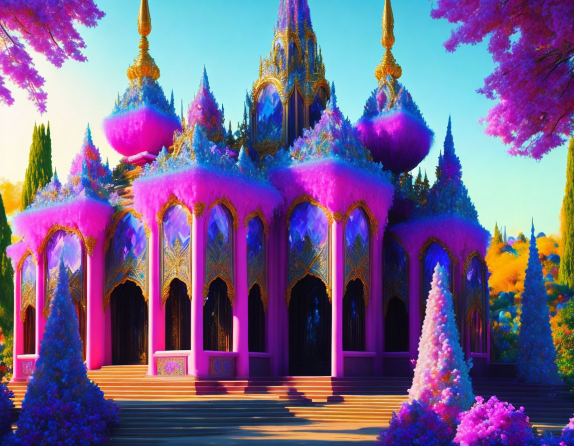 Colorful Palace Surrounded by Lush Flora and Blue Sky